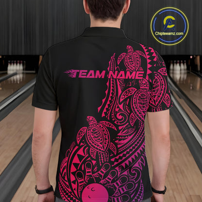 Back view of a male model in a black, pink, and purple bowling polo shirt showcasing turtle-themed bowling artwork and tribal swirls.
