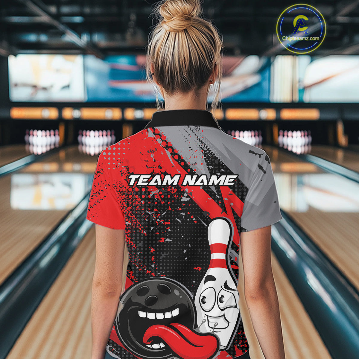 Custom Funny Bowling Polo Shirt For Women, Red Bowling Ball And Pin Bowling Jersey IPHW10257