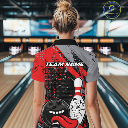 Custom Funny Bowling Women Quarter-Zip Shirt, Red Bowling Ball And Pin Bowling Jersey IPHW10257