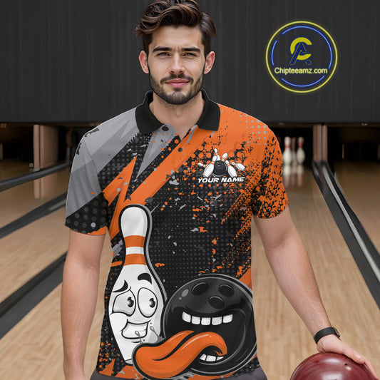 Custom Funny Bowling Polo Shirt For Men, Orange Bowling Ball And Pin Bowling Jersey IPHW10258