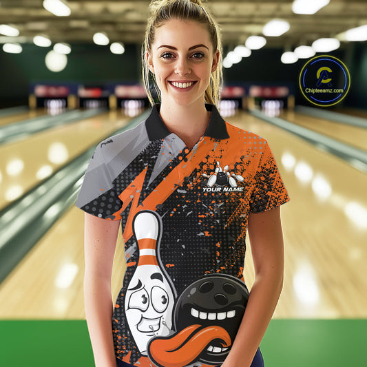 Custom Funny Bowling Polo Shirt For Women, Orange Bowling Ball And Pin Bowling Jersey IPHW10258