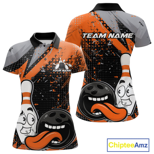 Custom Funny Bowling Polo Shirt For Women, Orange Bowling Ball And Pin Bowling Jersey IPHW10258