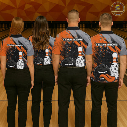 Custom Funny Bowling Polo Shirt For Men, Orange Bowling Ball And Pin Bowling Jersey IPHW10258