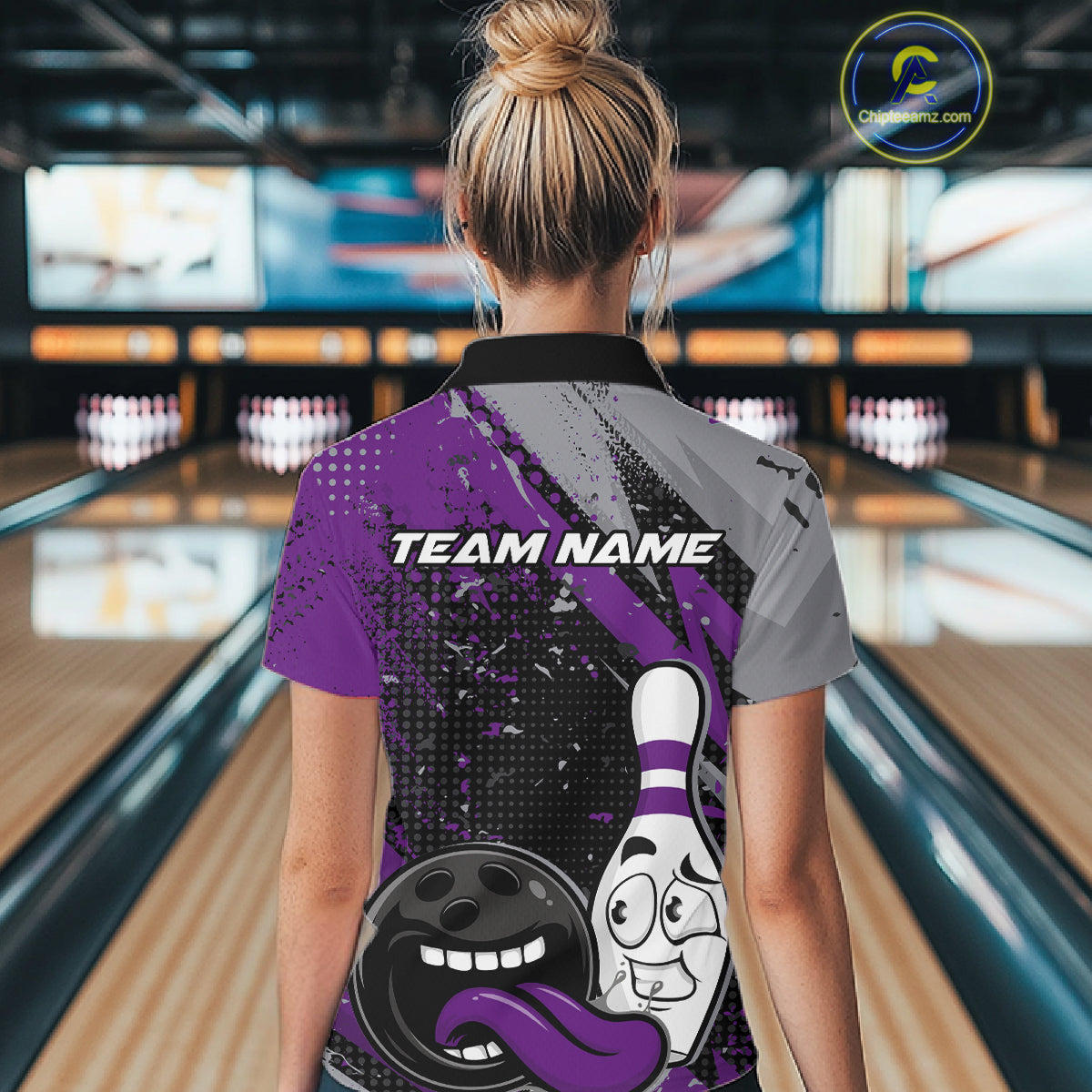 Custom Funny Bowling Polo Shirt For Women, Purple Bowling Ball And Pin Bowling Jersey IPHW10259