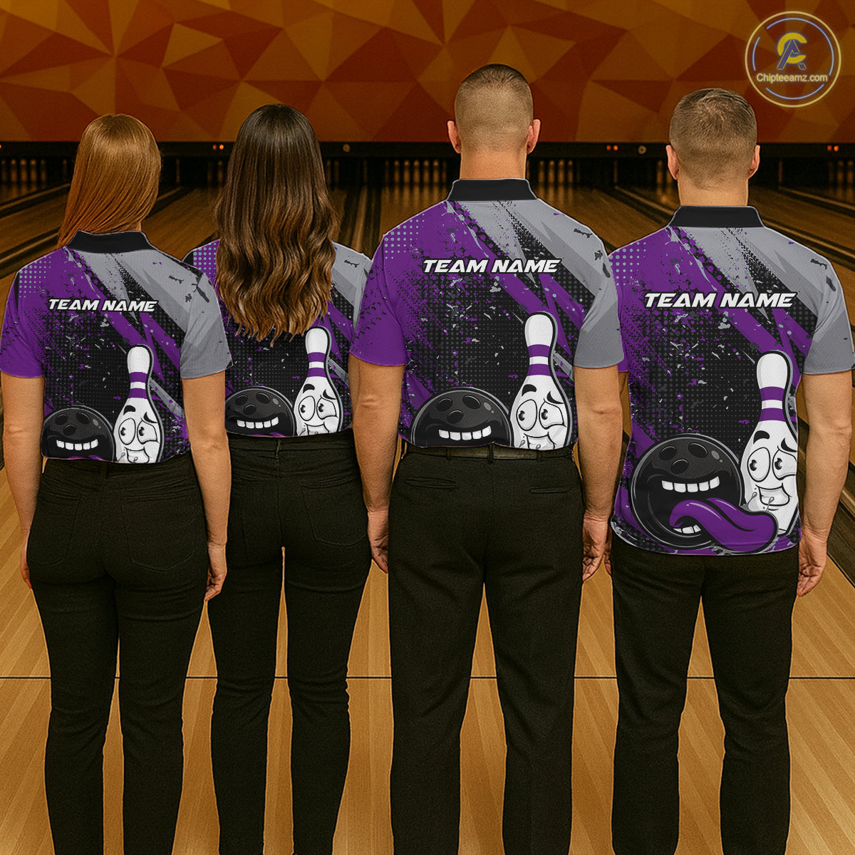 Custom Funny Bowling Polo Shirt For Men, Purple Bowling Ball And Pin Bowling Jersey IPHW10259