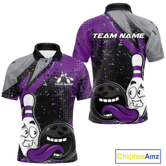 Custom Funny Bowling Polo Shirt For Men, Purple Bowling Ball And Pin Bowling Jersey IPHW10259
