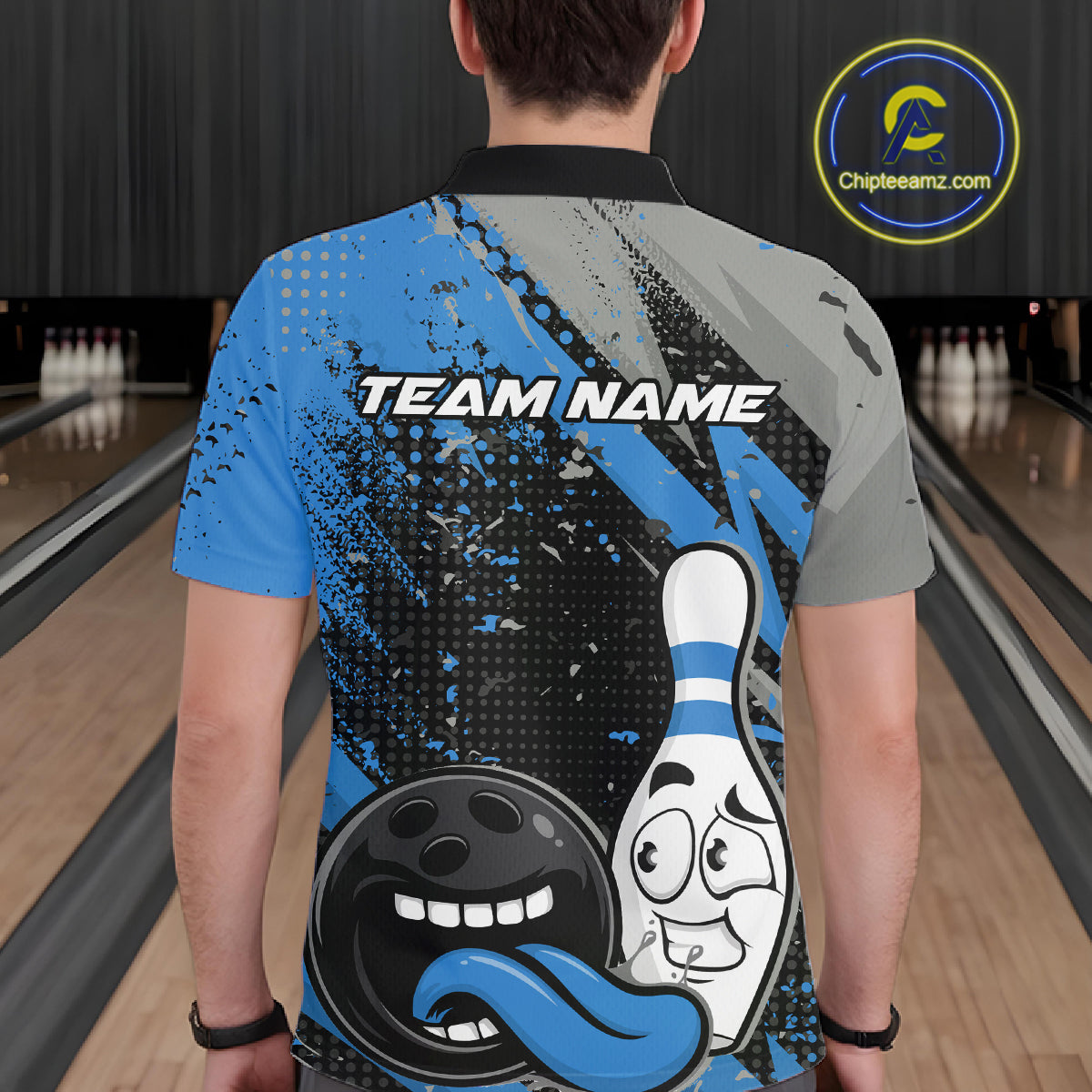 Custom Funny Bowling Polo Shirt For Men, Blue Bowling Ball And Pin Bowling Jersey IPHW10260