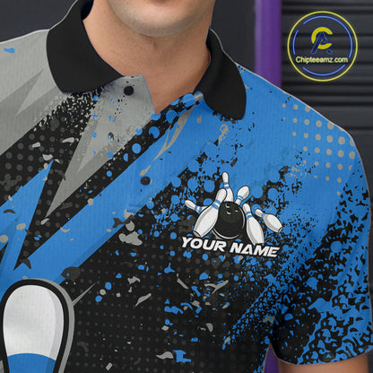 Custom Funny Bowling Polo Shirt For Men, Blue Bowling Ball And Pin Bowling Jersey IPHW10260