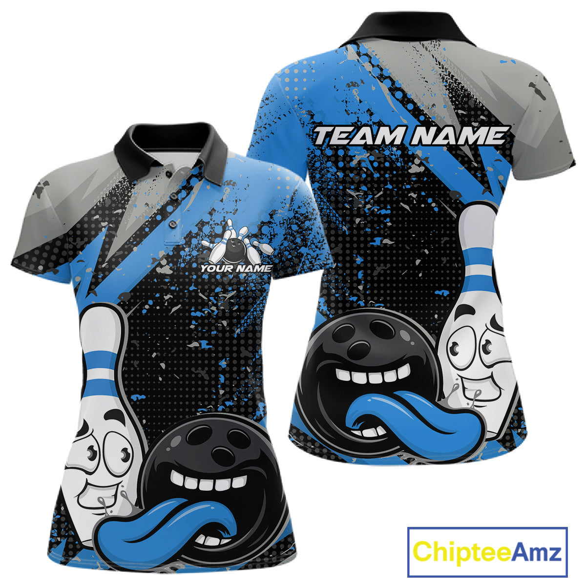 Custom Funny Bowling Polo Shirt For Women, Blue Bowling Ball And Pin Bowling Jersey IPHW10260