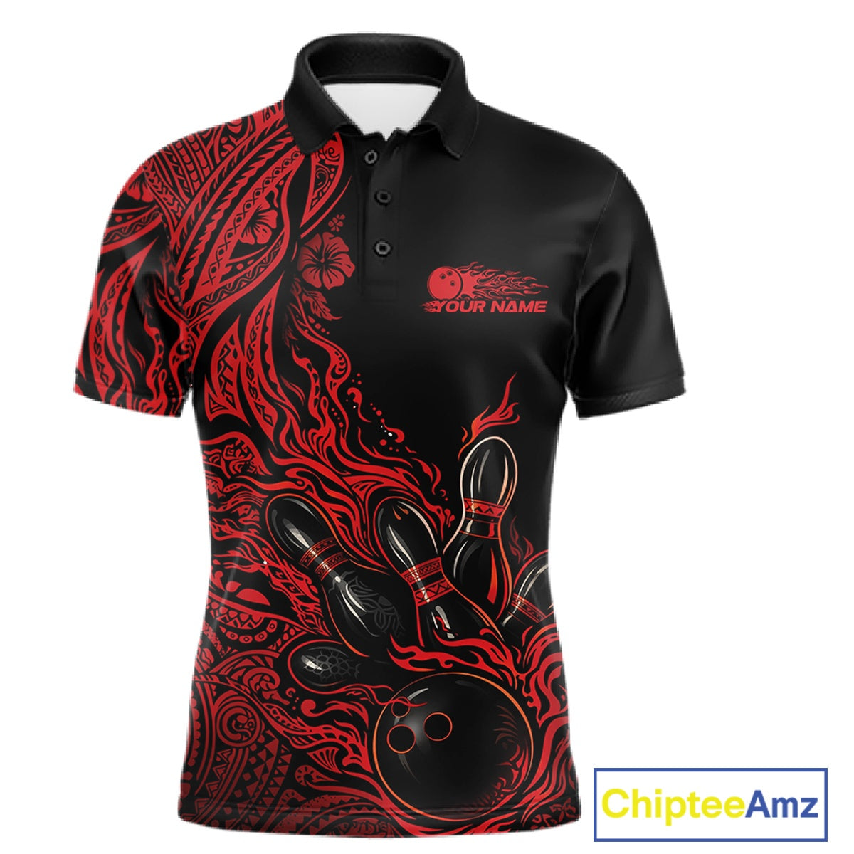 Custom Black And Red Orange Tribal Pattern Flame Bowling Team Shirts, Polynesian Bowling League Shirt IPHW10491