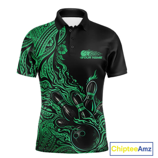 Custom Black And Green Tribal Pattern Flame Bowling Team Shirts, Polynesian Bowling Ball Bowling League Shirt IPHW10495