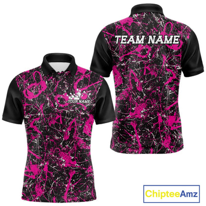 Front and back views of a black polo shirt with hot pink paint-splatter graphics, personalized with â€œYour Nameâ€ on the chest and â€œTeam Nameâ€ across the back.