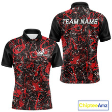 Load image into Gallery viewer, Front and back views of a black polo shirt with red paint-splatter graphics, personalized with â€œYour Nameâ€ on the chest and â€œTeam Nameâ€ across the back.