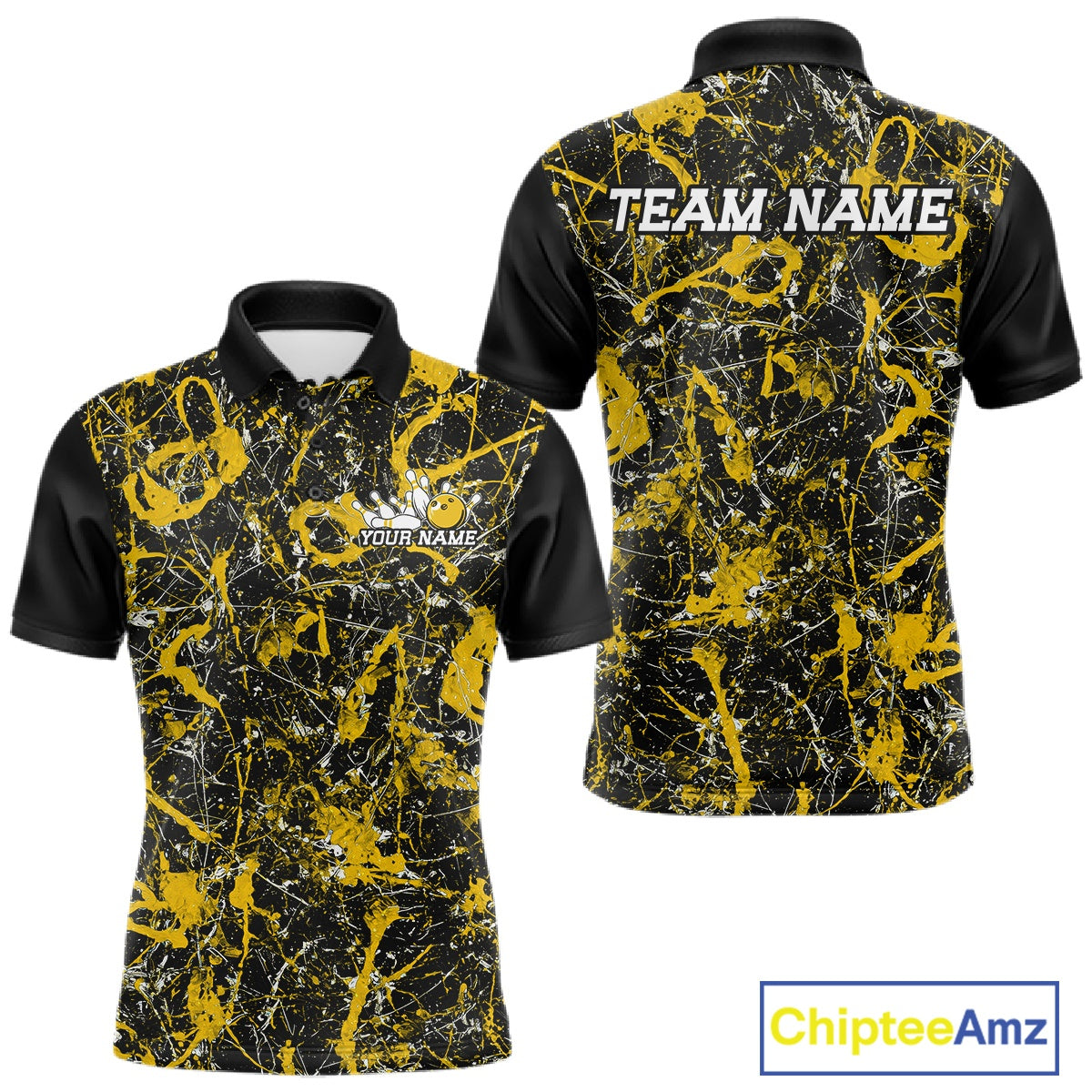 Front and back views of a black polo shirt with yellow paint-splatter graphics, personalized with â€œYour Nameâ€ on the chest and â€œTeam Nameâ€ across the back.
