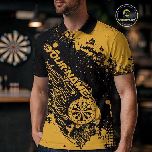 Custom Black And Yellow Splatter Flame Dart Skull Men Polo Shirt, Grunge Halloween Jerseys IPHW10051