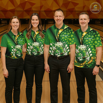Custom Funny St Patricks Party Beer Bowling Team Shirts, Green Shamrock And Gold Coin Bowling Jerseys IPHW10523
