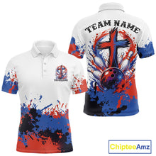 Load image into Gallery viewer, Vibrant red, white and blue abstract splatter bowling team shirt featuring a faith cross design for league bowlers