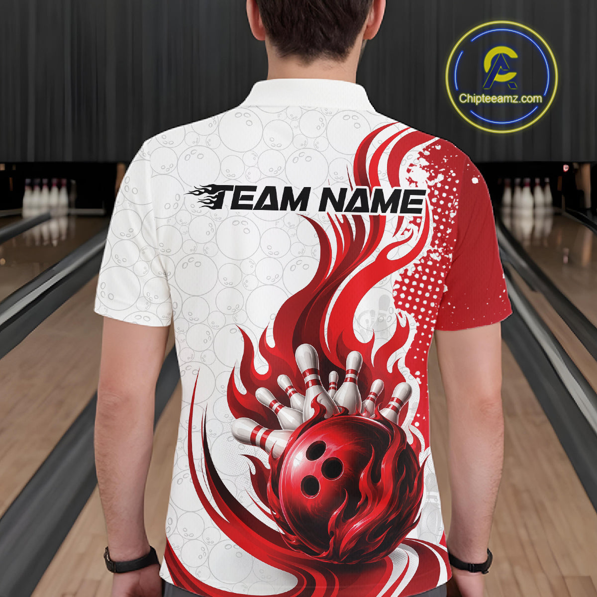 Custom Red Flame Bowling Team Men Polo Shirt, Bowling Ball Pattern Bowling Jerseys IPHW11649