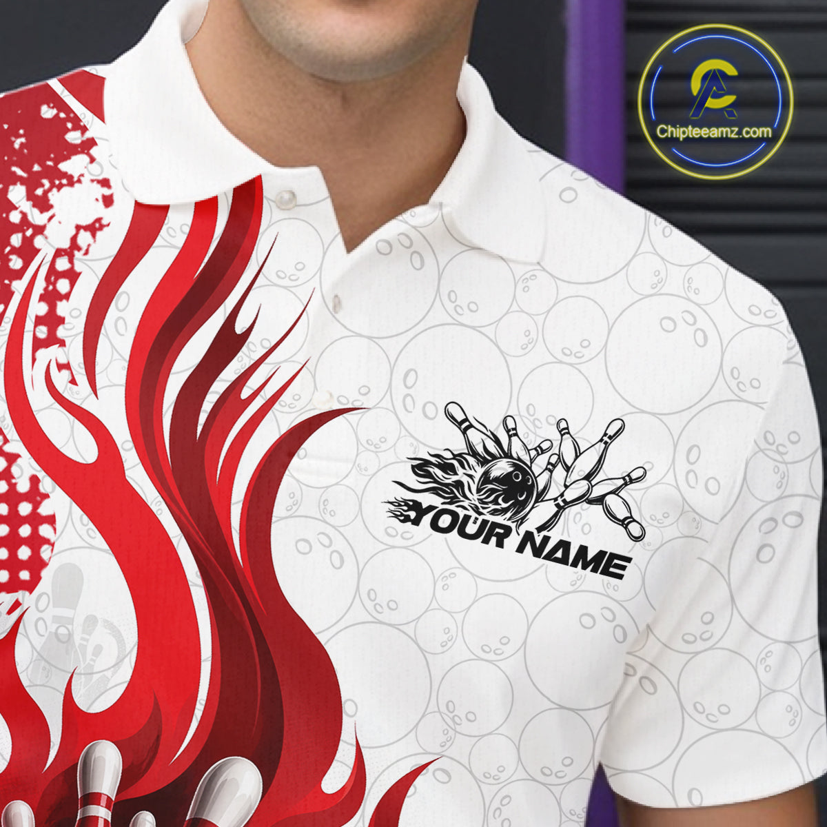 Custom Red Flame Bowling Team Men Polo Shirt, Bowling Ball Pattern Bowling Jerseys IPHW11649