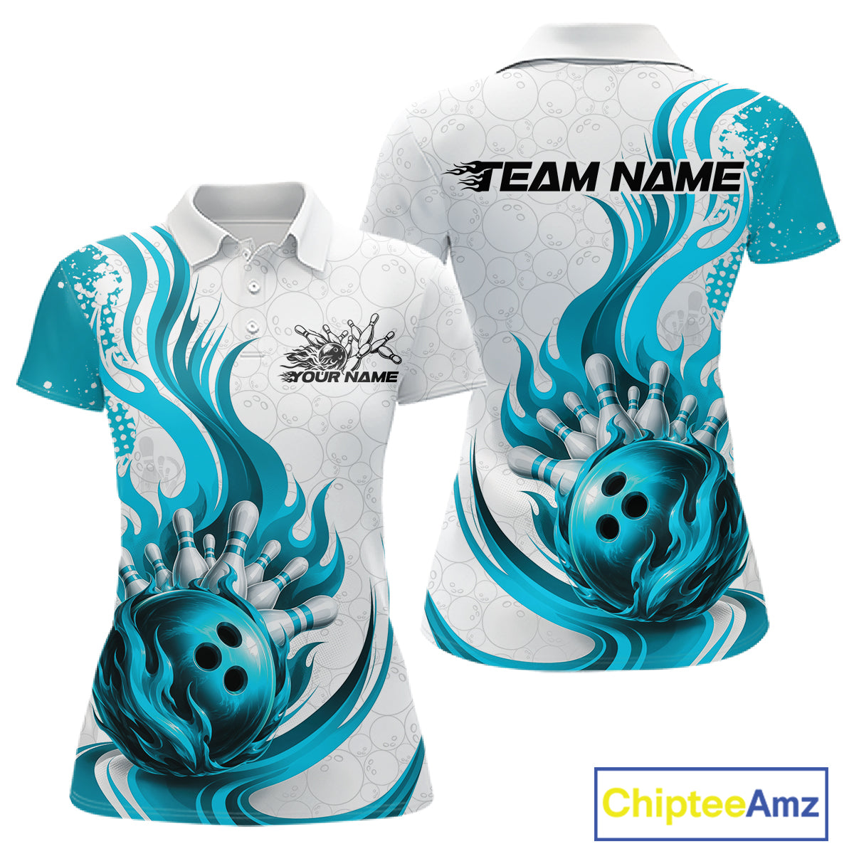 Custom Blue Flame Bowling Team Women Polo Shirt, Bowling Ball Pattern Bowling Jerseys IPHW11650