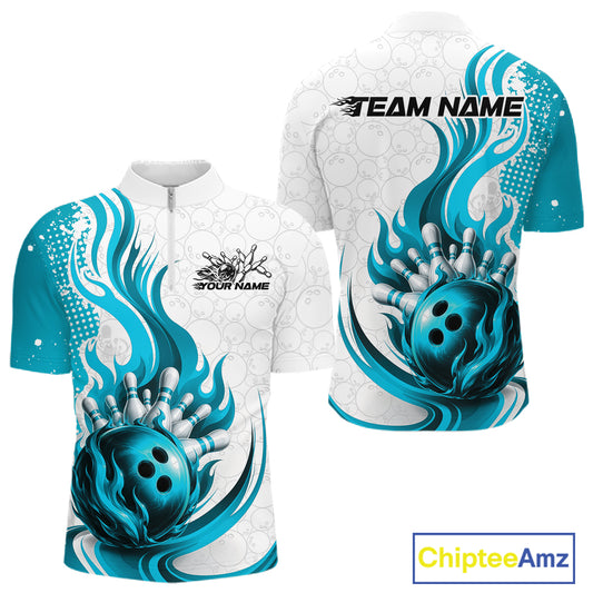 Custom short-sleeve bowling jersey shown from the front and back, featuring a white base with a bold teal and black bowling ball and flame graphic, plus customizable text placeholders.