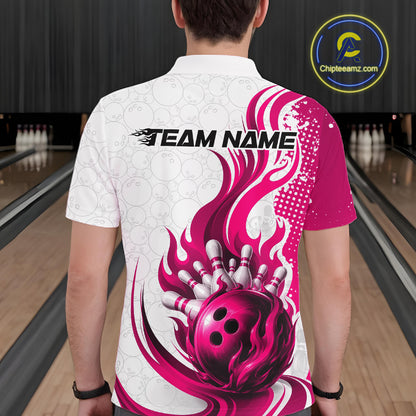 Custom Pink Flame Bowling Team Men Polo Shirt, Bowling Ball Pattern Bowling Jerseys IPHW11651
