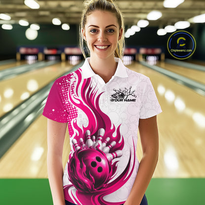 Custom Pink Flame Bowling Team Women Polo Shirt, Bowling Ball Pattern Bowling Jerseys IPHW11651
