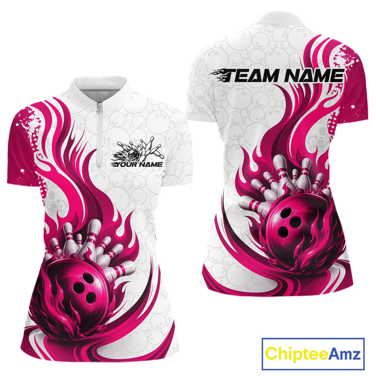 Custom Pink Flame Bowling Women Quarter-Zip Shirt, Bowling Ball Pattern Bowling Jerseys IPHW11651