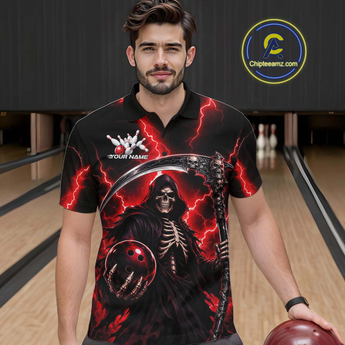 Custom Red Thunder Lightning Grim Reaper Skull Bowling Men Polo Shirts, Halloween Outfit IPHW11658