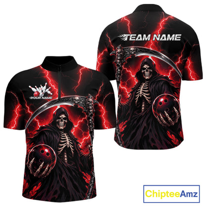 Custom Red Thunder Lightning Grim Reaper Skull Bowling Men Quarter Zip Shirts, Halloween Outfit IPHW11658