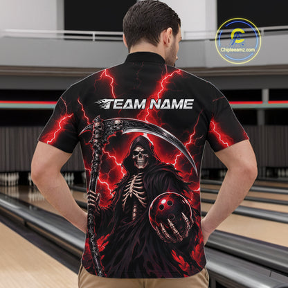 Custom Red Thunder Lightning Grim Reaper Skull Bowling Men Quarter Zip Shirts, Halloween Outfit IPHW11658