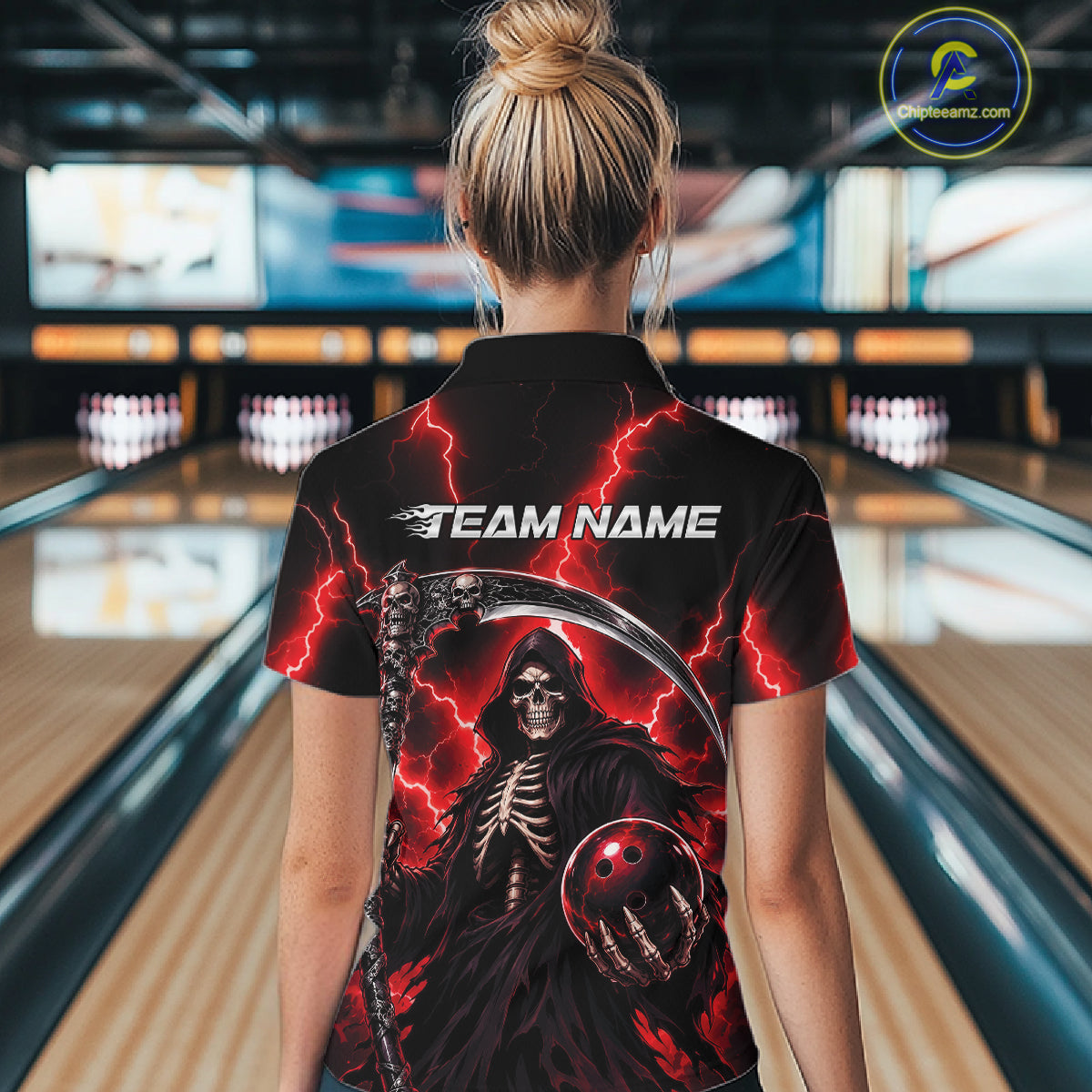 Custom Red Thunder Lightning Grim Reaper Skull Bowling Women Shirts, Halloween Outfit IPHW11658