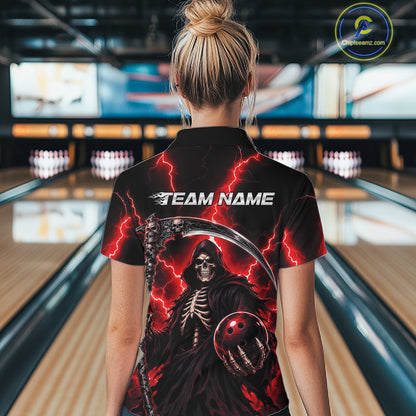 Custom Red Thunder Lightning Grim Reaper Skull Bowling Women Shirts, Halloween Outfit IPHW11658