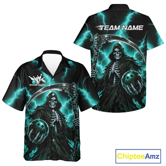 Black short-sleeve button-up shirt with a Grim Reaper and bowling ball graphic, shown in front and back views on a white background. The shirt features glowing teal lightning effects and customizable text areas on the chest and back.