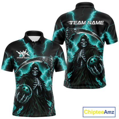 Custom Turquoise Blue Lightning Grim Reaper Skull Bowling Men Polo Shirt, Halloween Outfit IPHW11659