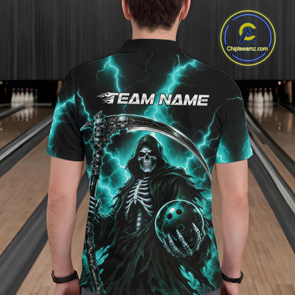 Custom Turquoise Blue Lightning Grim Reaper Skull Bowling Men Polo Shirt, Halloween Outfit IPHW11659