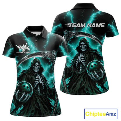Custom Turquoise Blue Lightning Grim Reaper Skull Bowling Women Polo Shirt, Halloween Outfit IPHW11659
