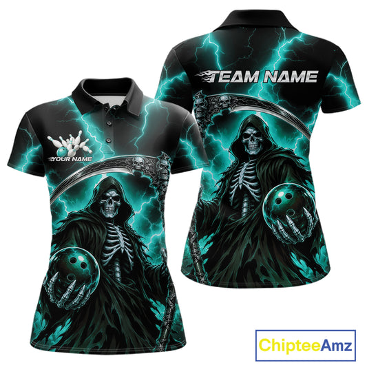 Customizable short-sleeve polo shirt shown from the front and back, featuring a Grim Reaper graphic with a skull, dark hooded figure, bowling balls, and bright teal lightning on a black background. The front shows a collar and button placket, and the back has a large 'TEAM NAME' print area.