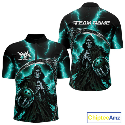 A short-sleeve polo shirt shown from the front and back, featuring a dark grim reaper design with a skull, black cloak, teal lightning, and bowling balls. The front has a white 'YOUR NAME' placeholder and the back has 'TEAM NAME' placeholder text, indicating customizable apparel.