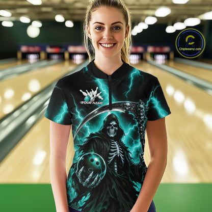 Custom Turquoise Blue Lightning Grim Reaper Skull Bowling Women Shirt, Halloween Outfit IPHW11659