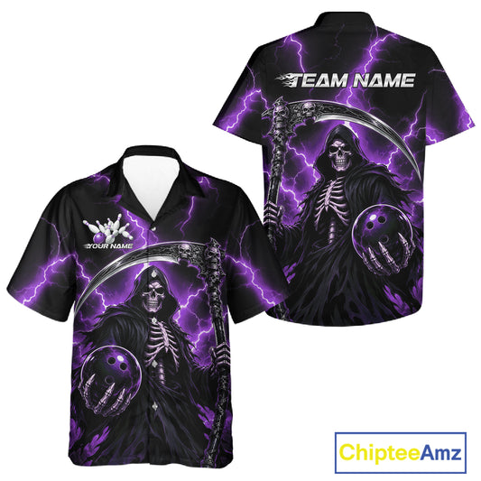 Custom short-sleeve button-up shirt shown from front and back, featuring a black background with a grim reaper graphic, purple lightning effects, and white placeholder text reading TEAM NAME and YOUR NAME.