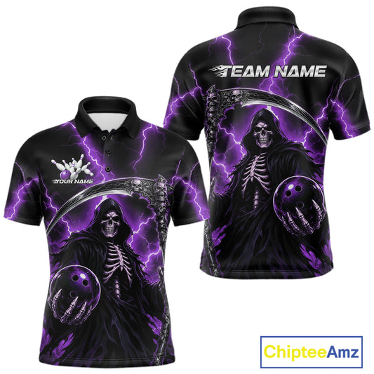 Black short-sleeve polo shirt with a Grim Reaper skeleton graphic, purple lightning effects, and bowling ball details, shown in front and back views on a white background