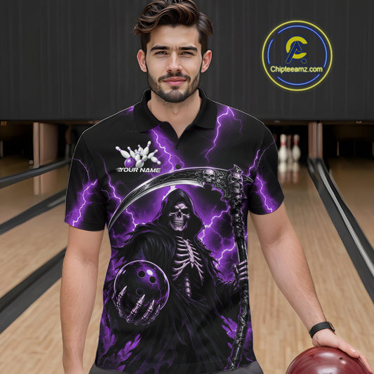 A man wearing a black short-sleeve bowling shirt with a purple and black grim reaper graphic, standing in a bowling alley. The shirt features a skeleton holding a scythe and bowling ball, with purple lightning effects.