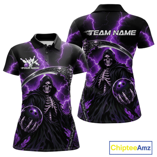 Black short-sleeve polo shirt with a Grim Reaper bowling graphic in purple and black, shown from the front and back. The front features a skeleton holding a bowling ball under a large scythe, with purple lightning effects.
