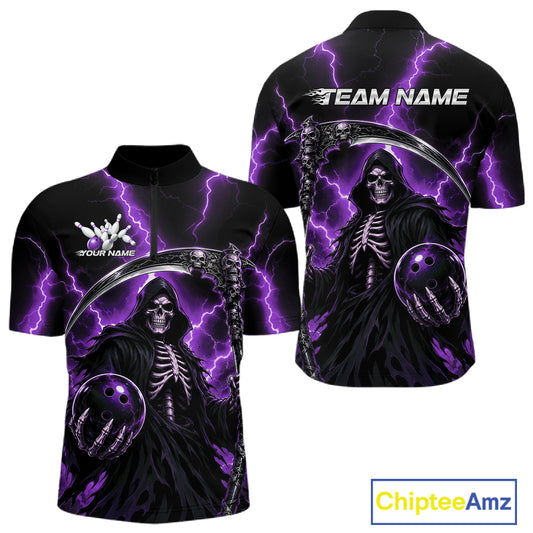 Black short-sleeve quarter-zip shirt with a Grim Reaper graphic, purple lightning effects, and customizable text areas on the front and back