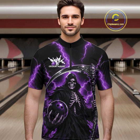 A man wearing a black short-sleeve quarter-zip bowling shirt with a purple Grim Reaper graphic, lightning bolts, and a bowling ball motif. 