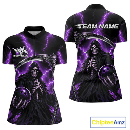 Custom Purple Thunder Lightning Grim Reaper Skull Bowling Women Shirt, Halloween Outfit IPHW11660