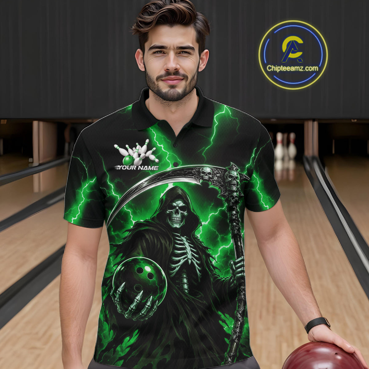 Custom Green Thunder Lightning Grim Reaper Skull Bowling Men Polo Shirts, Halloween Outfit IPHW11661