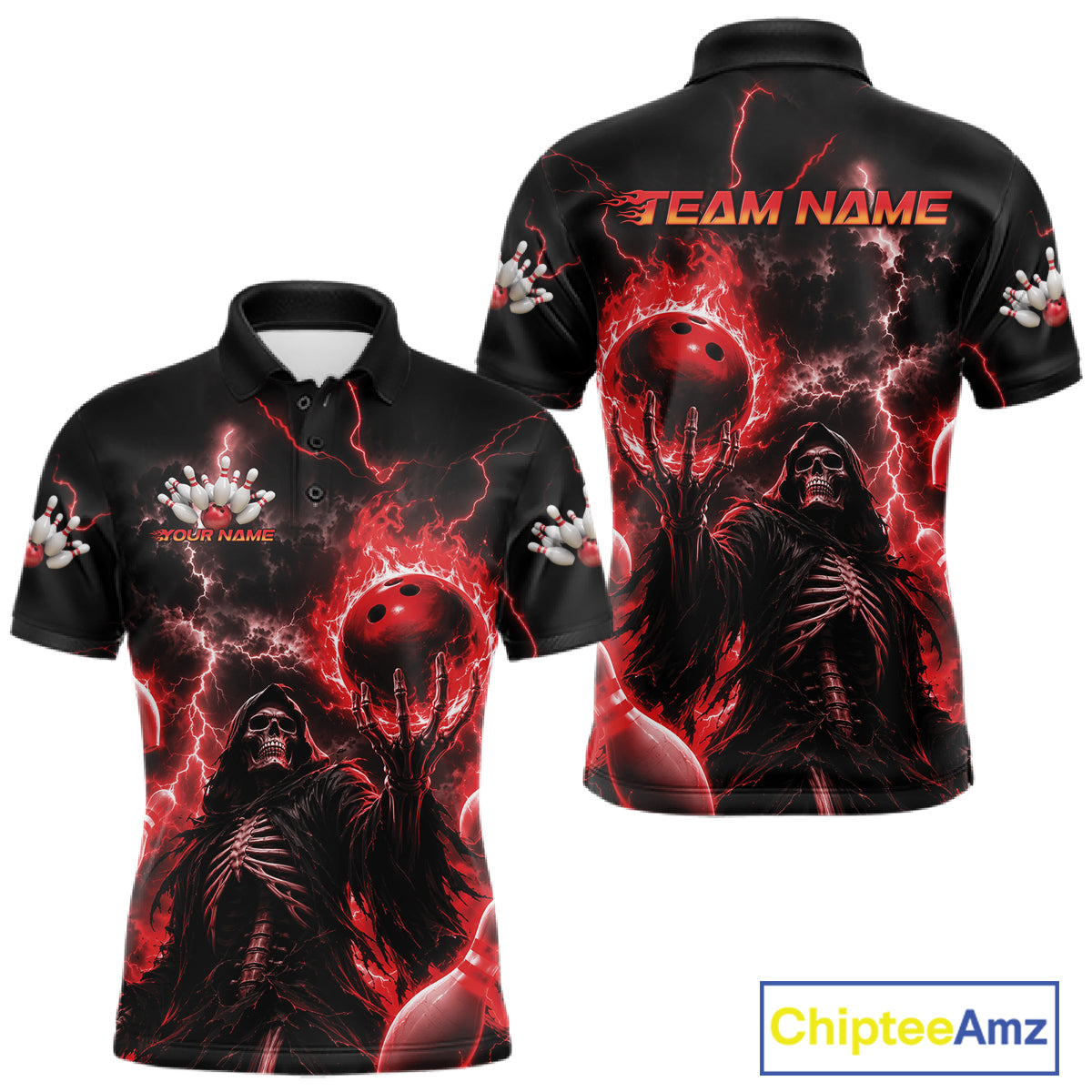 Custom Red Fire Flame Bowling Grim Reaper Skull Men Polo Shirt, Halloween Bowler Outfit IPHW11662