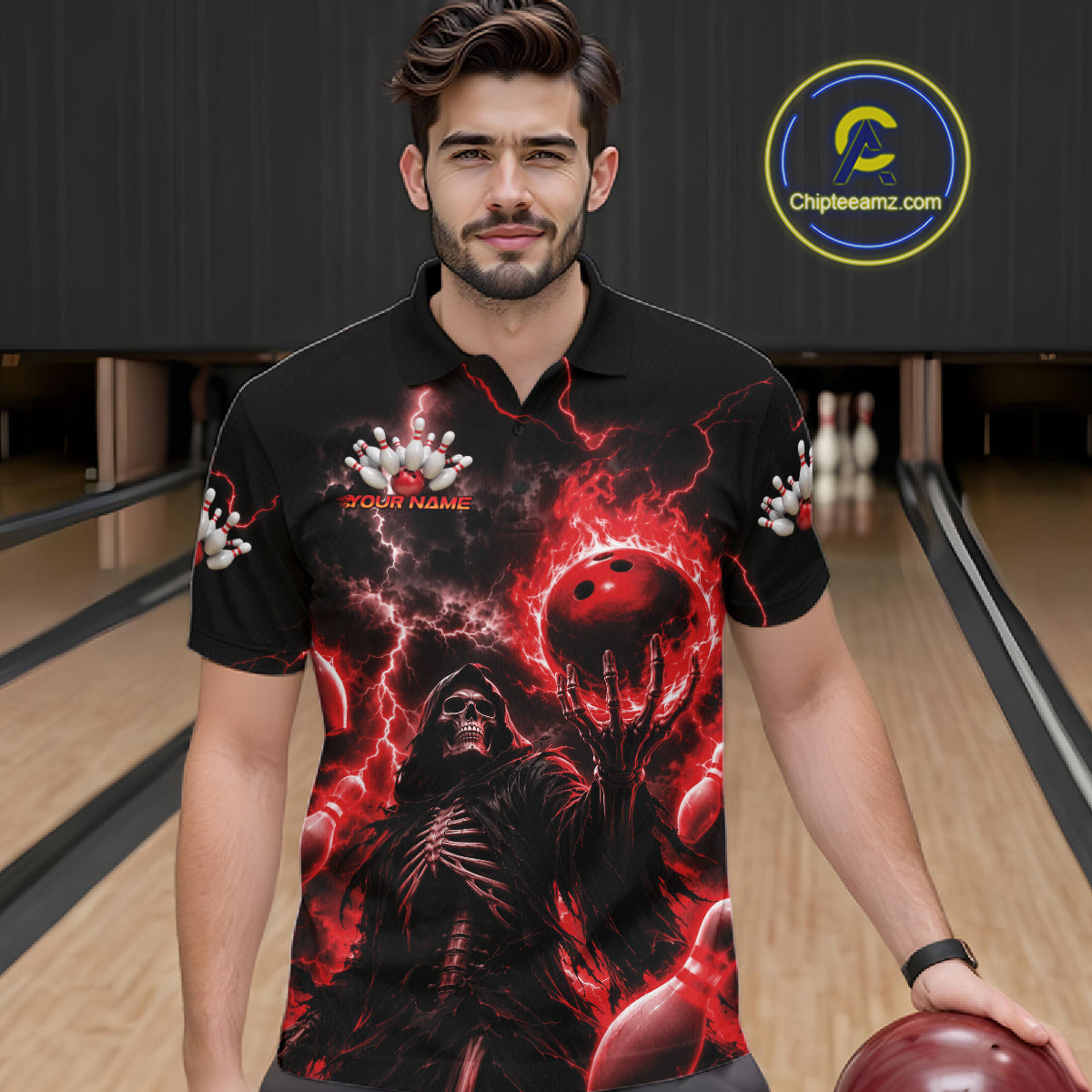Custom Red Fire Flame Bowling Grim Reaper Skull Men Polo Shirt, Halloween Bowler Outfit IPHW11662